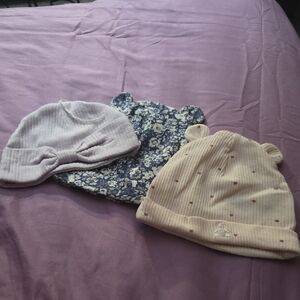 Set of Three Baby Beanies in Purple, Blue, and Cream